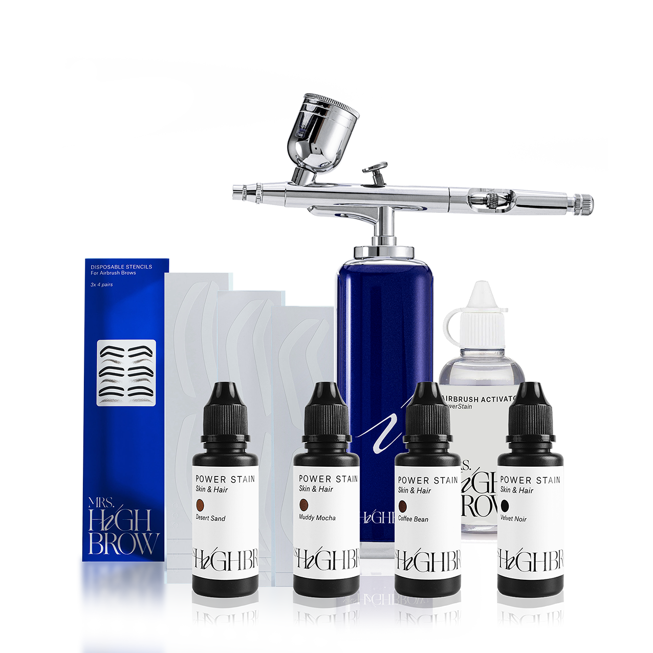 airbrush starterspakket mrs.highbrow met blauwe airbrush, powerstain en airbrush activator