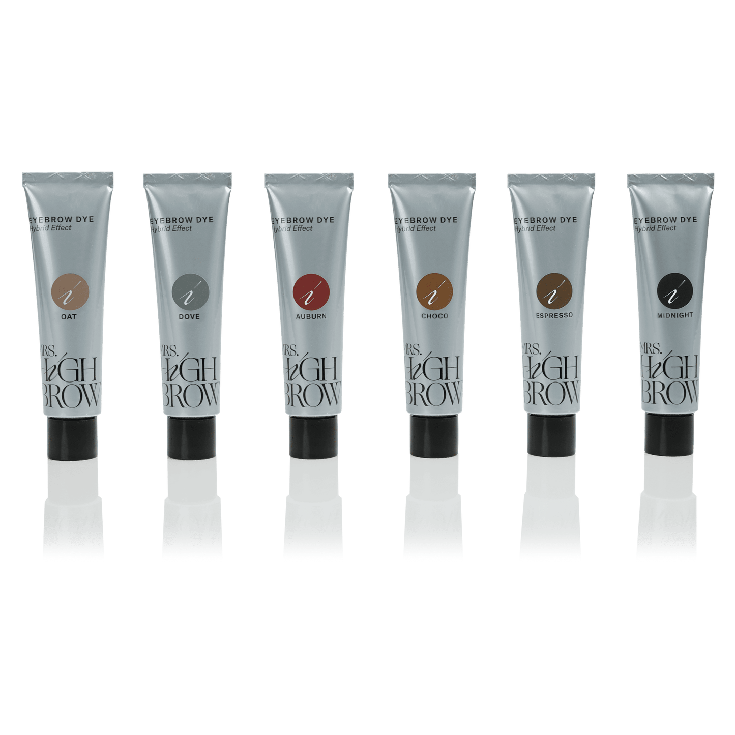 Mrs.highbrow hybrid dye in zilveren tubes met liquid dye voor hybrid brows