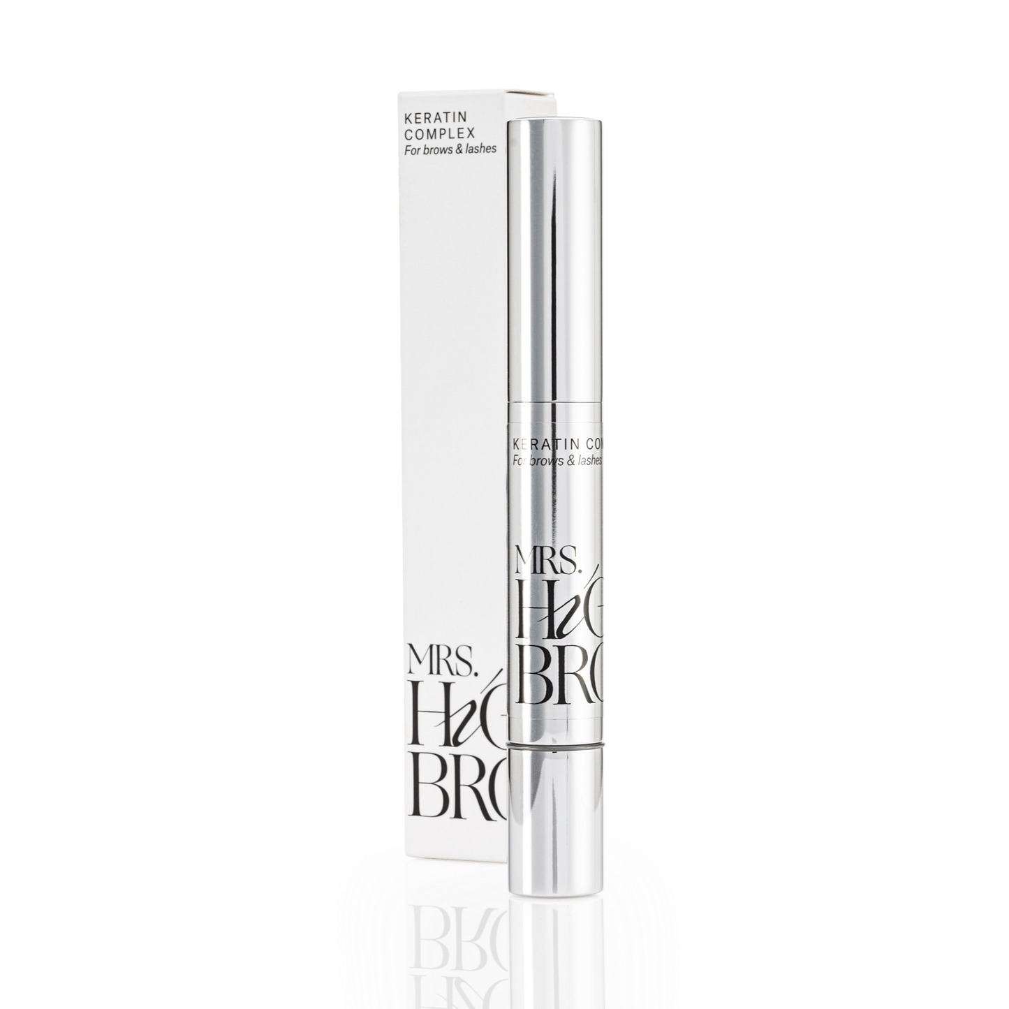 Luxe zilveren flacon Keratine complex behandeling van Mrs.Highbrow voor mooie wenkbrauwen en wimprs.