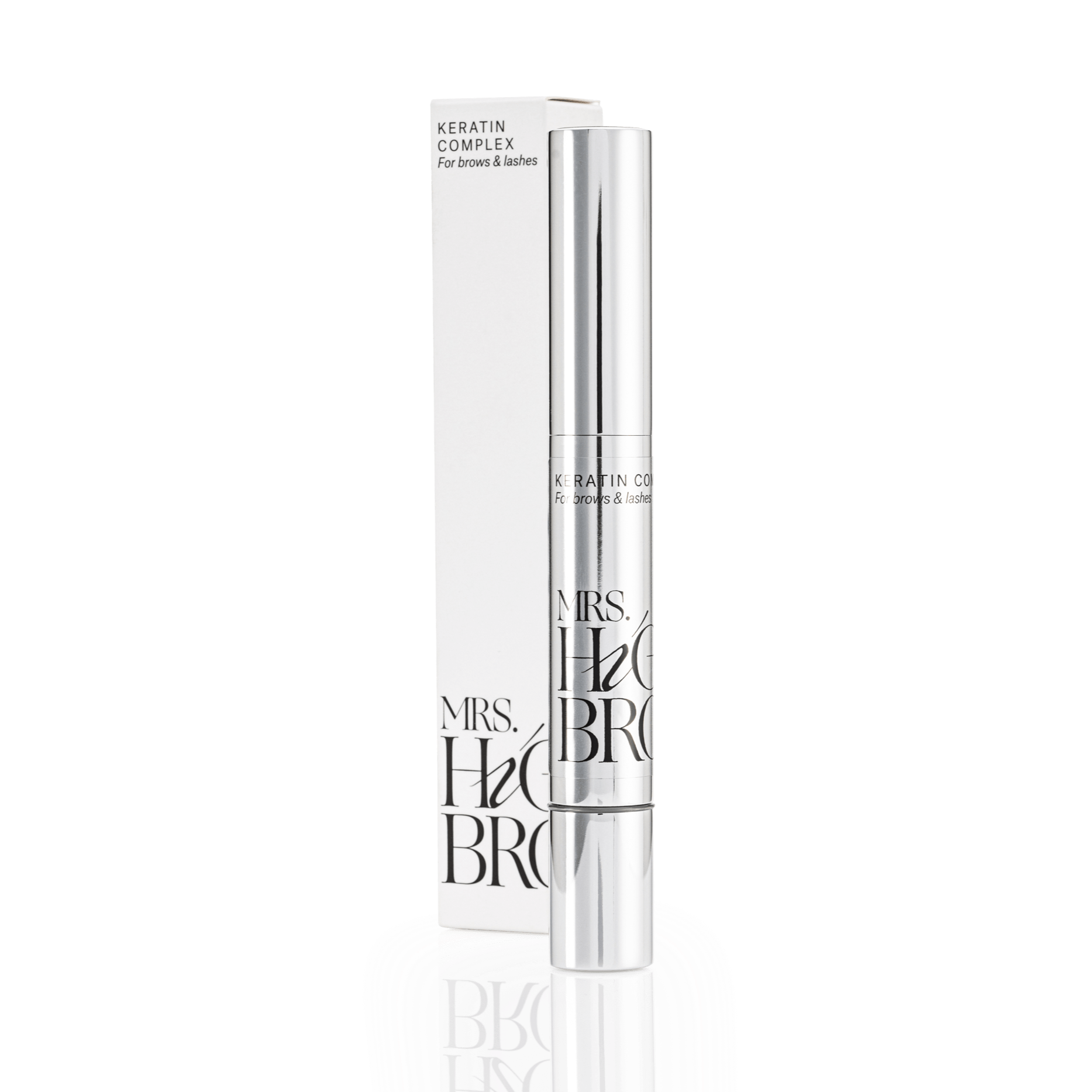 Luxe zilveren flacon Keratine complex behandeling van Mrs.Highbrow voor mooie wenkbrauwen en wimprs.