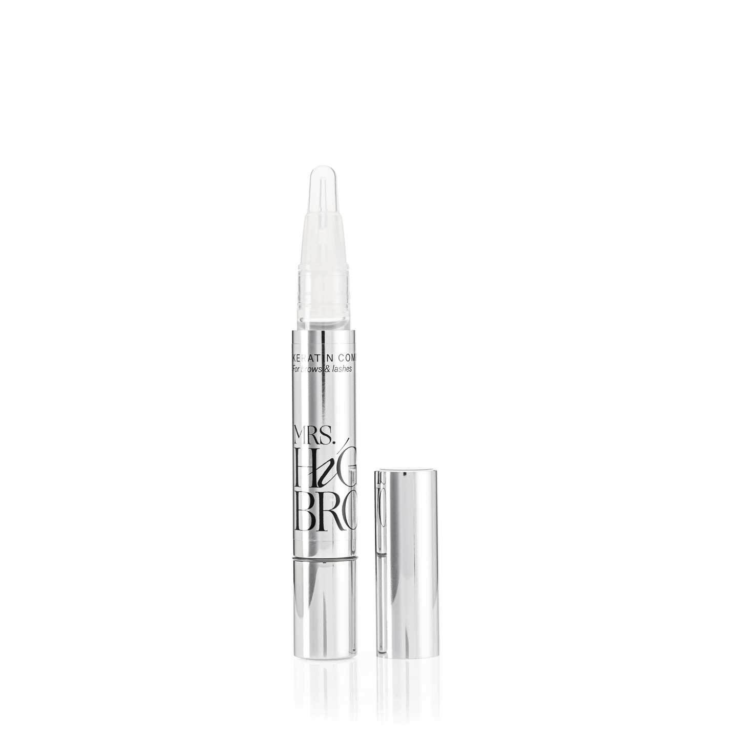 Luxe zilveren flacon Keratine complex behandeling van Mrs.Highbrow voor mooie wenkbrauwen en wimprs.