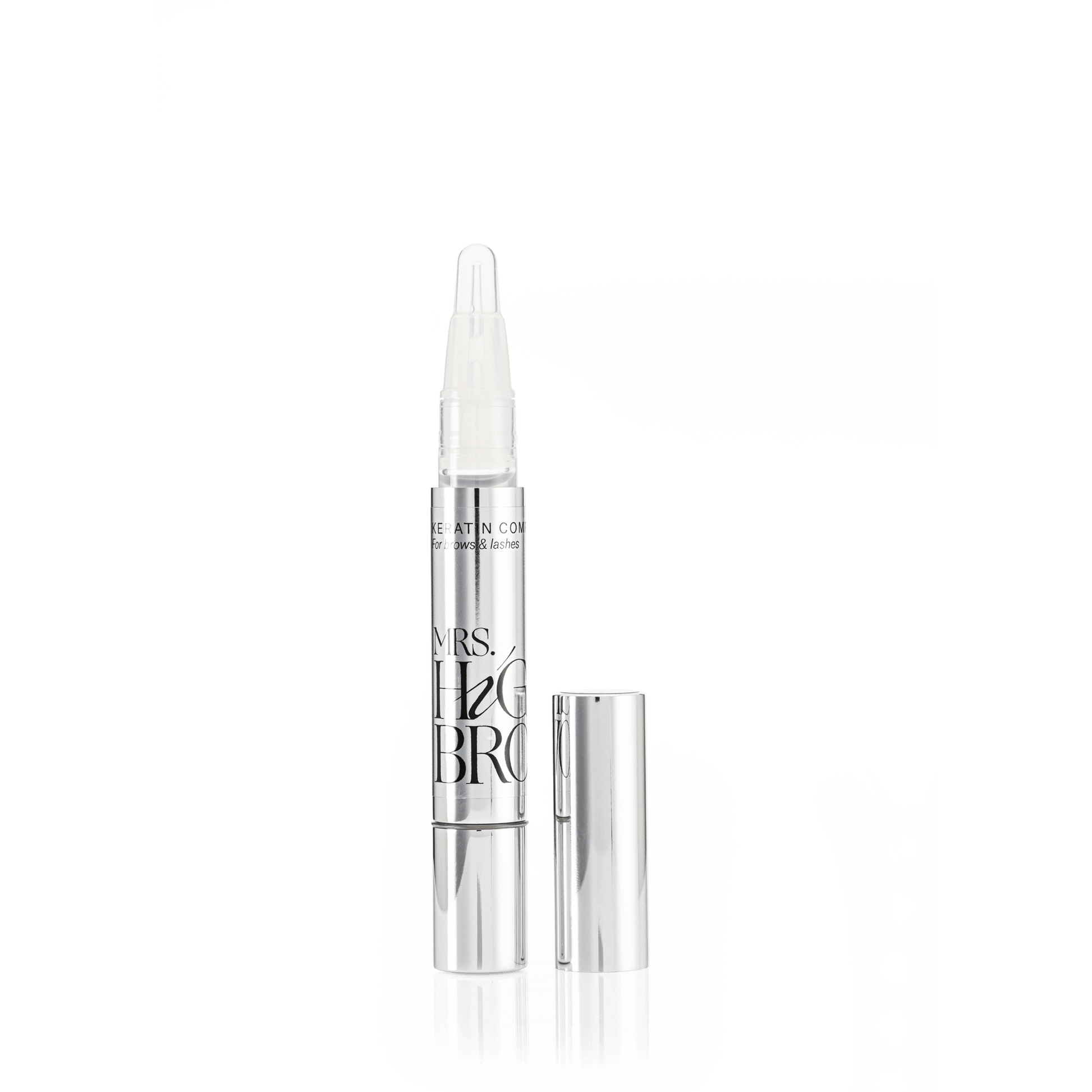 Luxe zilveren flacon Keratine complex behandeling van Mrs.Highbrow voor mooie wenkbrauwen en wimprs.