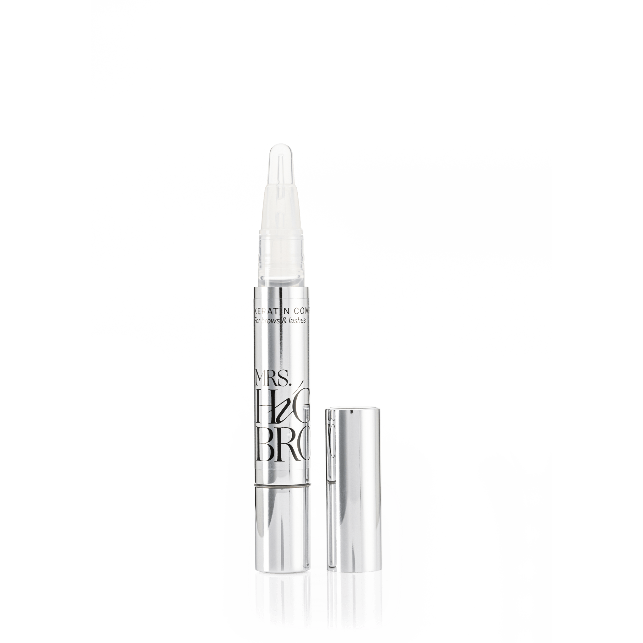 Luxe zilveren flacon Keratine complex behandeling van Mrs.Highbrow voor mooie wenkbrauwen en wimprs.