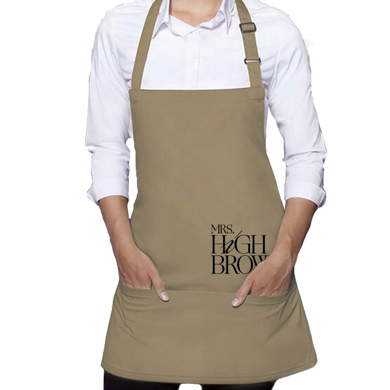 Kort ecru schort met logo van Mrs.Highbrow