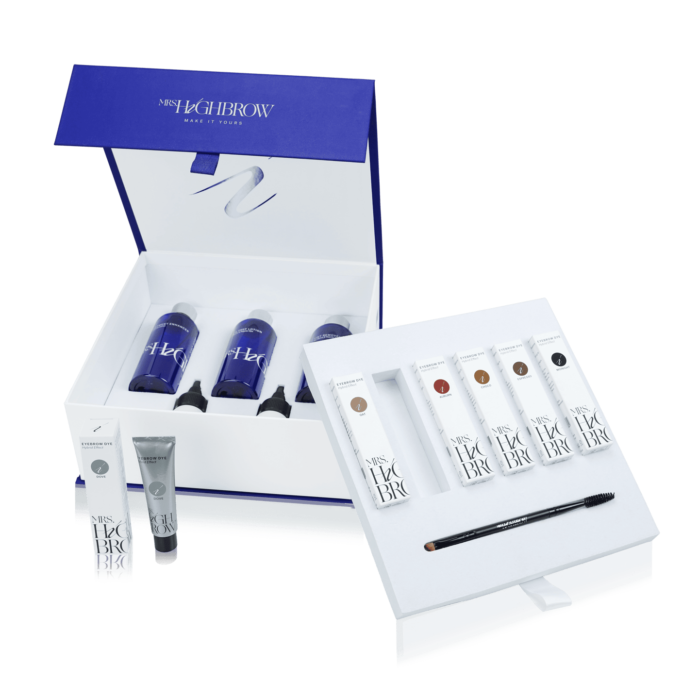 blauw box met diverse producten voor hybrid dye van mrshighbrow zoals tubes verf en skin prep lotion tint remover en treatment enhancer voor bold hybrid brows