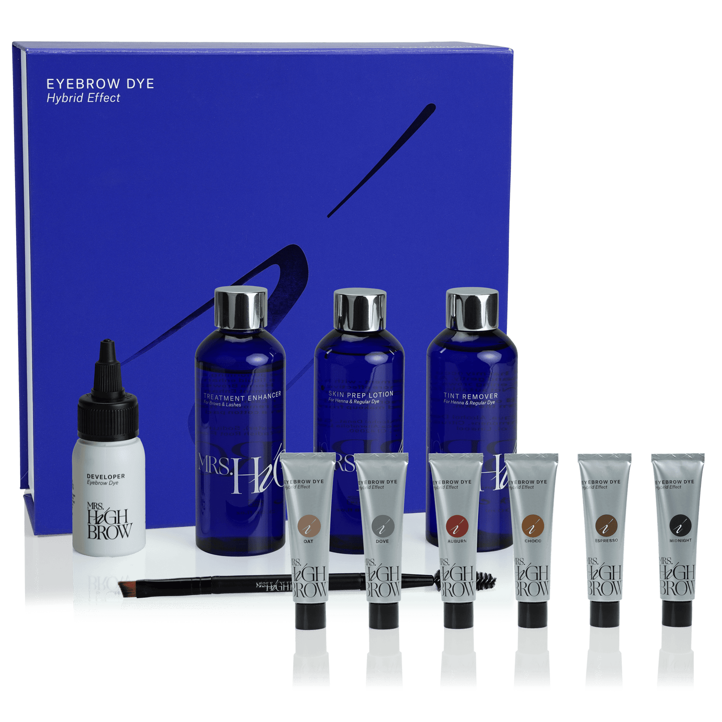 blauw box met diverse producten voor hybrid dye van mrshighbrow zoals tubes verf en skin prep lotion tint remover en treatment enhancer voor bold hybrid brows