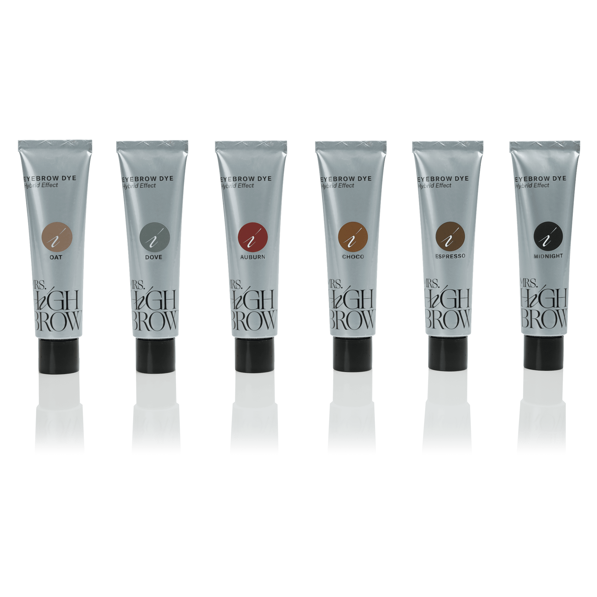 Mrs.highbrow hybrid dye in zilveren tubes met liquid dye voor hybrid brows