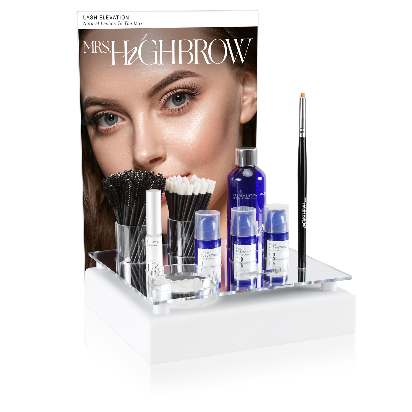 counter display wit en zilver van mrs.Highbrow voor lash lift producten voor de mooiste wimperlift.