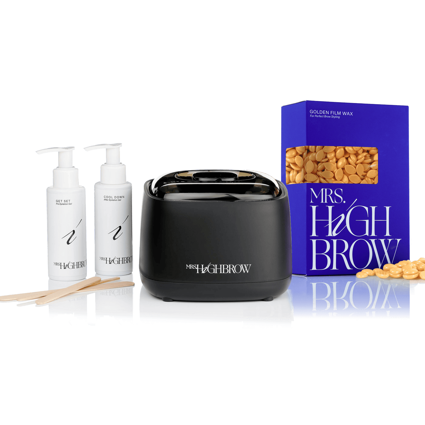 Starterspakket waxing van Mrs.Highbrow met wax heater, blauw doos met gouden wax, Get Set Pre Epilation gel, Cool Down after epilation gel en spatels